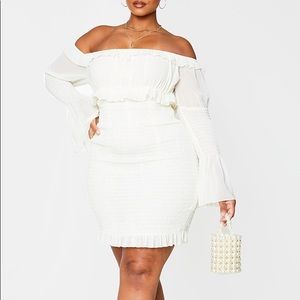 Plus Off white Chiffon Shirred Bodycon Dress